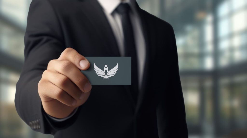 Ein Oberkörper in Anzug und Krawatte hält eine Visitenkarte mit dem RIANEVA Logo – repräsentiert die Kontaktseite der RIANEVA Versicherungsagentur für professionelle Anliegen.