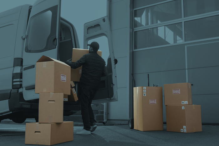 Ein Lieferwagen und ein Paketdienstfahrer, der Pakete einlädt, sind zu sehen, umgeben von zahlreichen weiteren Paketen. Das Bild, in den RIANEVA-Farben gehalten, symbolisiert die Transportversicherung und den Schutz während des Gütertransports.